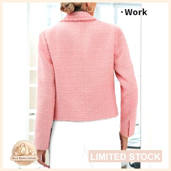 Tweed Blazer Jacket Elegant Cropped Fringe Trim Business Casual Fully Lined - Picture 4 of 7